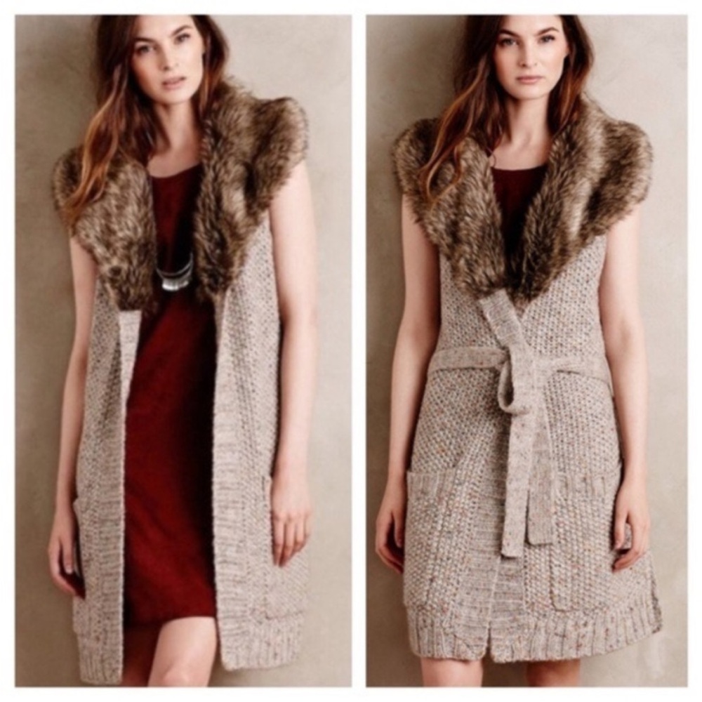 Anthropologie Angle of the North faux fur collar knit vest